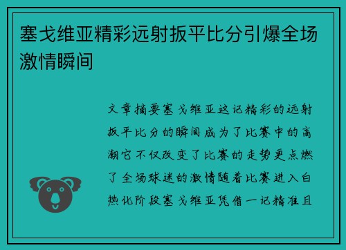 塞戈维亚精彩远射扳平比分引爆全场激情瞬间