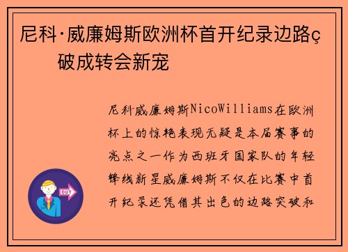 尼科·威廉姆斯欧洲杯首开纪录边路爆破成转会新宠
