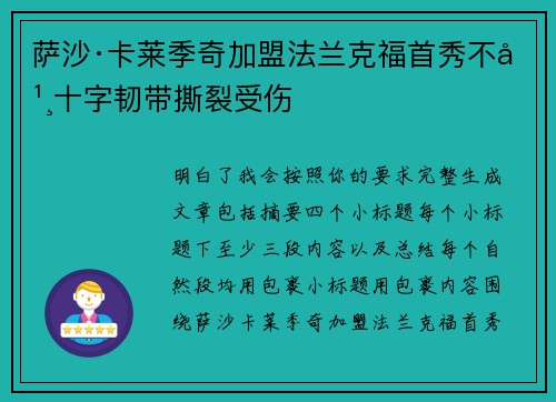 萨沙·卡莱季奇加盟法兰克福首秀不幸十字韧带撕裂受伤